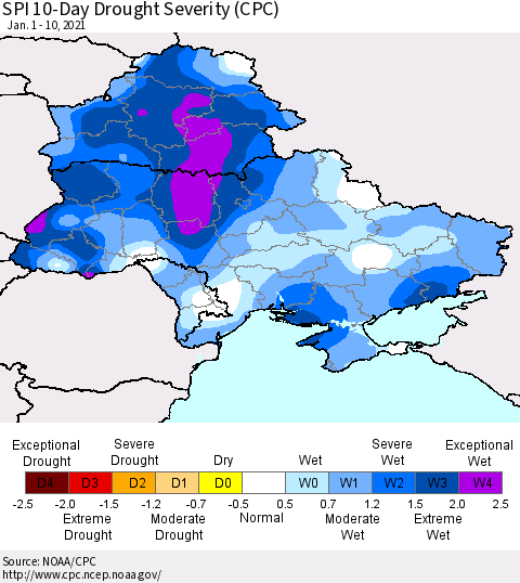 Ukraine, Moldova and Belarus SPI 10-Day Drought Severity (CPC) Thematic Map For 1/1/2021 - 1/10/2021