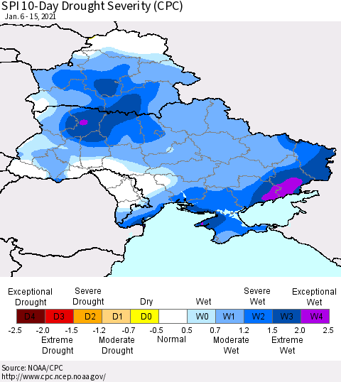 Ukraine, Moldova and Belarus SPI 10-Day Drought Severity (CPC) Thematic Map For 1/6/2021 - 1/15/2021