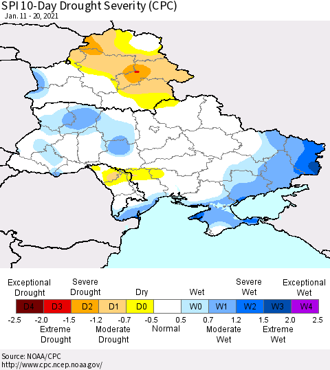 Ukraine, Moldova and Belarus SPI 10-Day Drought Severity (CPC) Thematic Map For 1/11/2021 - 1/20/2021