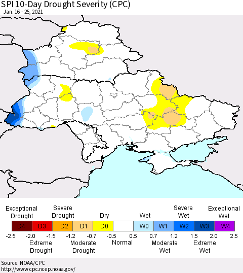 Ukraine, Moldova and Belarus SPI 10-Day Drought Severity (CPC) Thematic Map For 1/16/2021 - 1/25/2021
