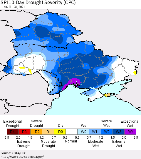 Ukraine, Moldova and Belarus SPI 10-Day Drought Severity (CPC) Thematic Map For 1/21/2021 - 1/31/2021