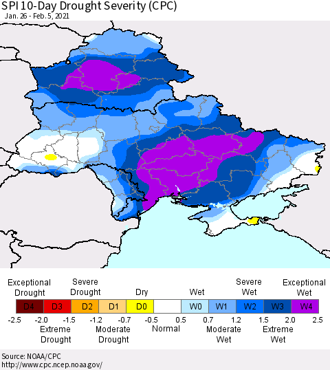 Ukraine, Moldova and Belarus SPI 10-Day Drought Severity (CPC) Thematic Map For 1/26/2021 - 2/5/2021