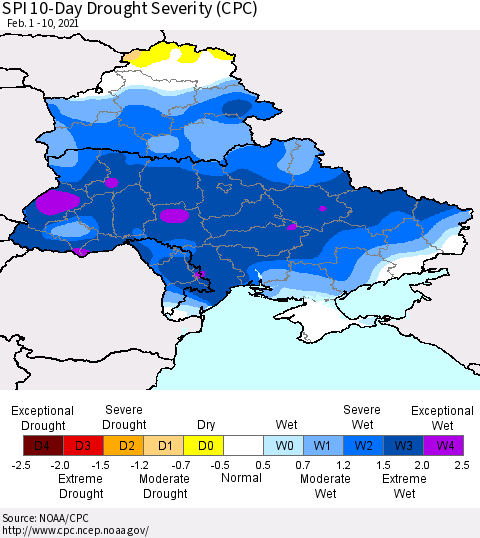 Ukraine, Moldova and Belarus SPI 10-Day Drought Severity (CPC) Thematic Map For 2/1/2021 - 2/10/2021
