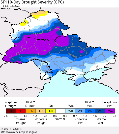 Ukraine, Moldova and Belarus SPI 10-Day Drought Severity (CPC) Thematic Map For 2/6/2021 - 2/15/2021