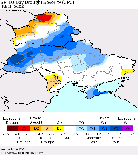 Ukraine, Moldova and Belarus SPI 10-Day Drought Severity (CPC) Thematic Map For 2/11/2021 - 2/20/2021
