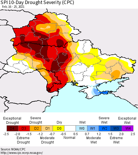 Ukraine, Moldova and Belarus SPI 10-Day Drought Severity (CPC) Thematic Map For 2/16/2021 - 2/25/2021