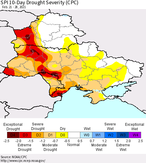 Ukraine, Moldova and Belarus SPI 10-Day Drought Severity (CPC) Thematic Map For 2/21/2021 - 2/28/2021