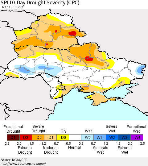 Ukraine, Moldova and Belarus SPI 10-Day Drought Severity (CPC) Thematic Map For 3/1/2021 - 3/10/2021