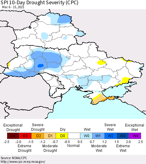 Ukraine, Moldova and Belarus SPI 10-Day Drought Severity (CPC) Thematic Map For 3/6/2021 - 3/15/2021