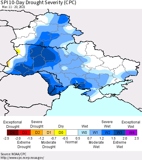 Ukraine, Moldova and Belarus SPI 10-Day Drought Severity (CPC) Thematic Map For 3/11/2021 - 3/20/2021