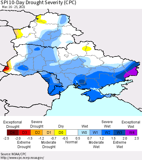 Ukraine, Moldova and Belarus SPI 10-Day Drought Severity (CPC) Thematic Map For 3/16/2021 - 3/25/2021