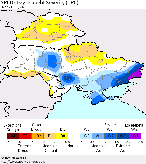 Ukraine, Moldova and Belarus SPI 10-Day Drought Severity (CPC) Thematic Map For 3/21/2021 - 3/31/2021