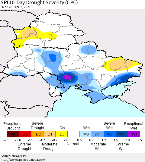 Ukraine, Moldova and Belarus SPI 10-Day Drought Severity (CPC) Thematic Map For 3/26/2021 - 4/5/2021
