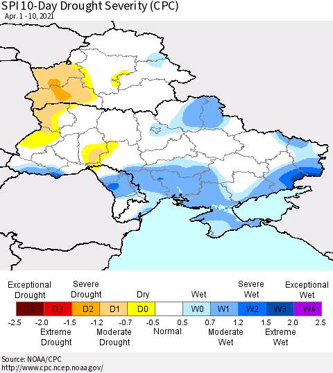 Ukraine, Moldova and Belarus SPI 10-Day Drought Severity (CPC) Thematic Map For 4/1/2021 - 4/10/2021