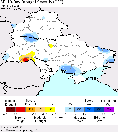 Ukraine, Moldova and Belarus SPI 10-Day Drought Severity (CPC) Thematic Map For 4/6/2021 - 4/15/2021