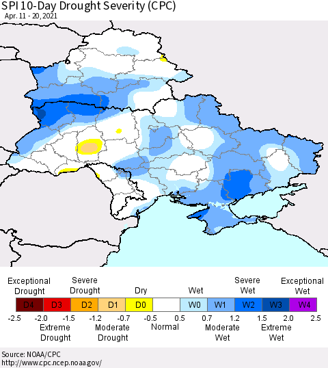 Ukraine, Moldova and Belarus SPI 10-Day Drought Severity (CPC) Thematic Map For 4/11/2021 - 4/20/2021