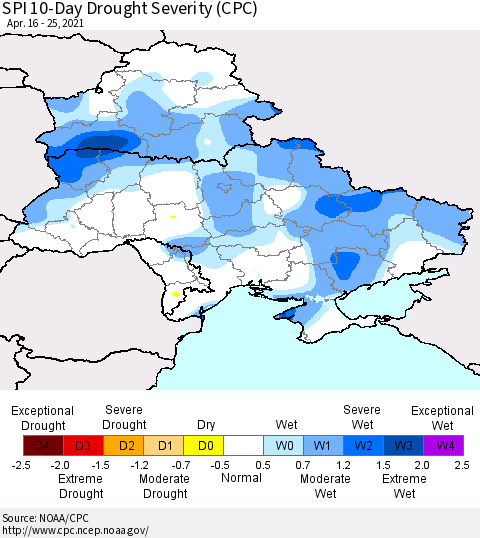 Ukraine, Moldova and Belarus SPI 10-Day Drought Severity (CPC) Thematic Map For 4/16/2021 - 4/25/2021