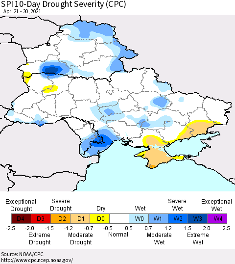 Ukraine, Moldova and Belarus SPI 10-Day Drought Severity (CPC) Thematic Map For 4/21/2021 - 4/30/2021