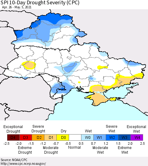 Ukraine, Moldova and Belarus SPI 10-Day Drought Severity (CPC) Thematic Map For 4/26/2021 - 5/5/2021