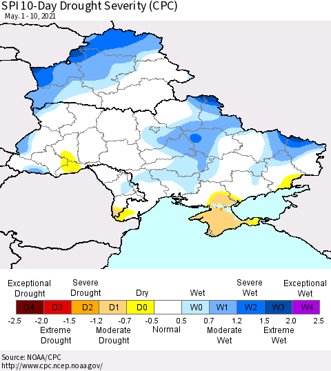 Ukraine, Moldova and Belarus SPI 10-Day Drought Severity (CPC) Thematic Map For 5/1/2021 - 5/10/2021