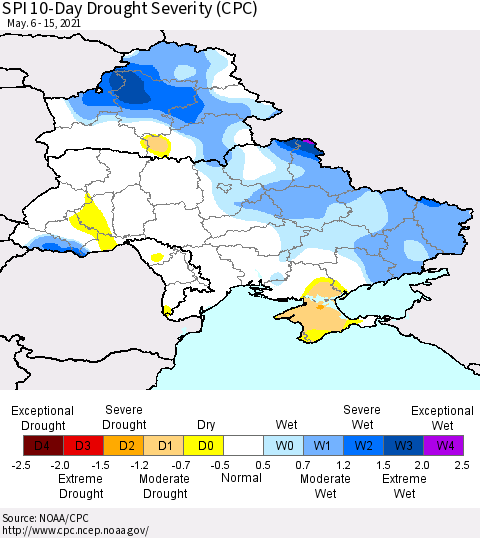 Ukraine, Moldova and Belarus SPI 10-Day Drought Severity (CPC) Thematic Map For 5/6/2021 - 5/15/2021