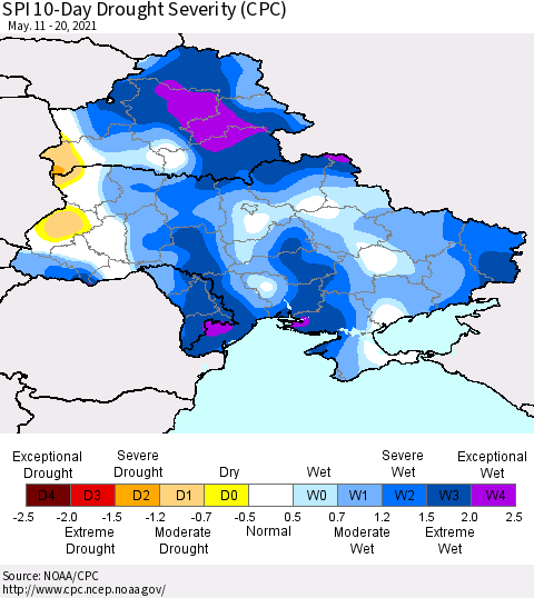 Ukraine, Moldova and Belarus SPI 10-Day Drought Severity (CPC) Thematic Map For 5/11/2021 - 5/20/2021