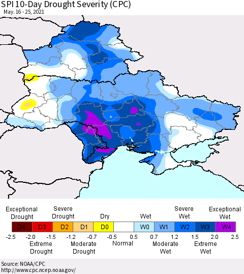 Ukraine, Moldova and Belarus SPI 10-Day Drought Severity (CPC) Thematic Map For 5/16/2021 - 5/25/2021