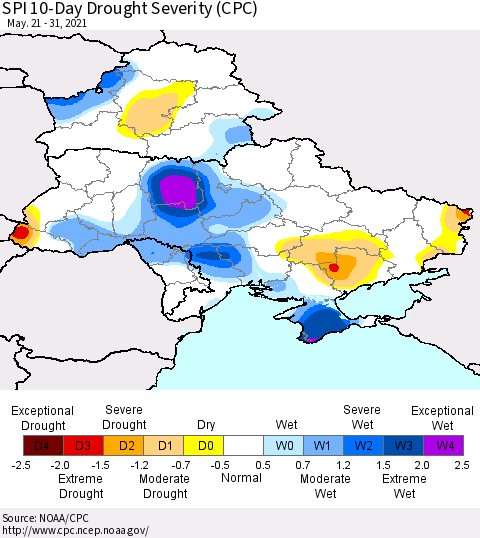 Ukraine, Moldova and Belarus SPI 10-Day Drought Severity (CPC) Thematic Map For 5/21/2021 - 5/31/2021