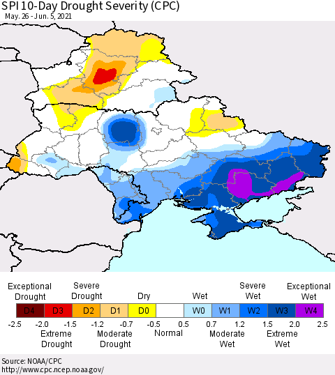 Ukraine, Moldova and Belarus SPI 10-Day Drought Severity (CPC) Thematic Map For 5/26/2021 - 6/5/2021