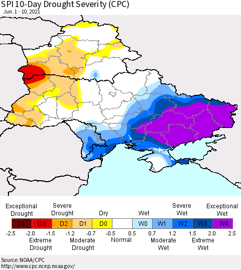 Ukraine, Moldova and Belarus SPI 10-Day Drought Severity (CPC) Thematic Map For 6/1/2021 - 6/10/2021