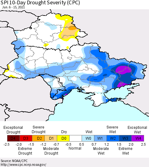 Ukraine, Moldova and Belarus SPI 10-Day Drought Severity (CPC) Thematic Map For 6/6/2021 - 6/15/2021