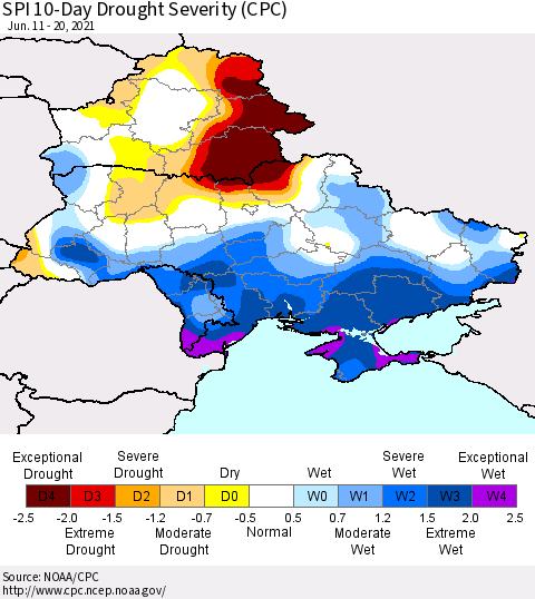 Ukraine, Moldova and Belarus SPI 10-Day Drought Severity (CPC) Thematic Map For 6/11/2021 - 6/20/2021