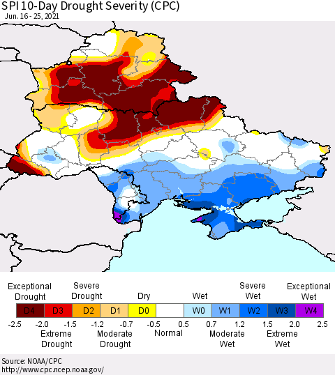 Ukraine, Moldova and Belarus SPI 10-Day Drought Severity (CPC) Thematic Map For 6/16/2021 - 6/25/2021