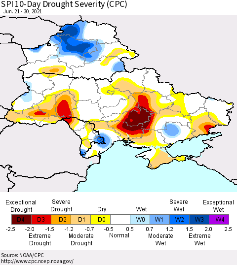 Ukraine, Moldova and Belarus SPI 10-Day Drought Severity (CPC) Thematic Map For 6/21/2021 - 6/30/2021