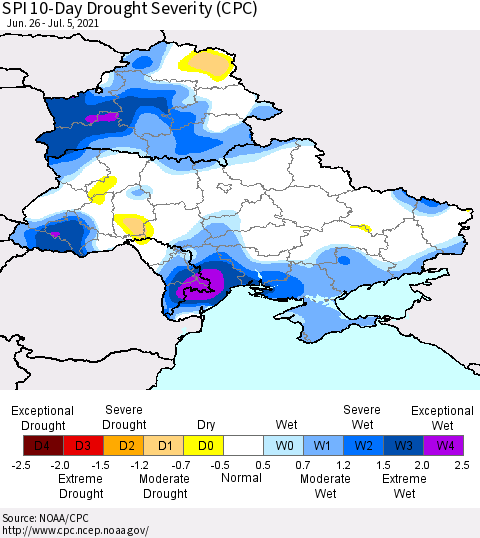 Ukraine, Moldova and Belarus SPI 10-Day Drought Severity (CPC) Thematic Map For 6/26/2021 - 7/5/2021