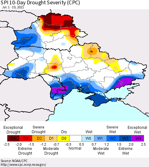 Ukraine, Moldova and Belarus SPI 10-Day Drought Severity (CPC) Thematic Map For 7/1/2021 - 7/10/2021