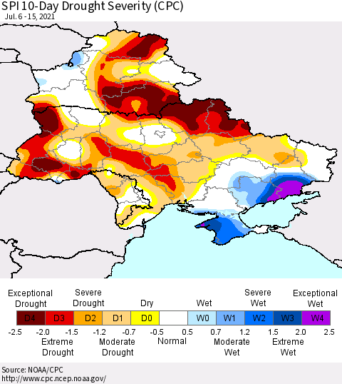 Ukraine, Moldova and Belarus SPI 10-Day Drought Severity (CPC) Thematic Map For 7/6/2021 - 7/15/2021