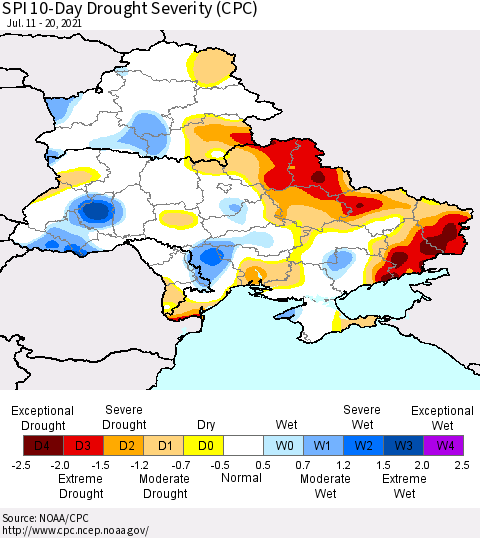 Ukraine, Moldova and Belarus SPI 10-Day Drought Severity (CPC) Thematic Map For 7/11/2021 - 7/20/2021