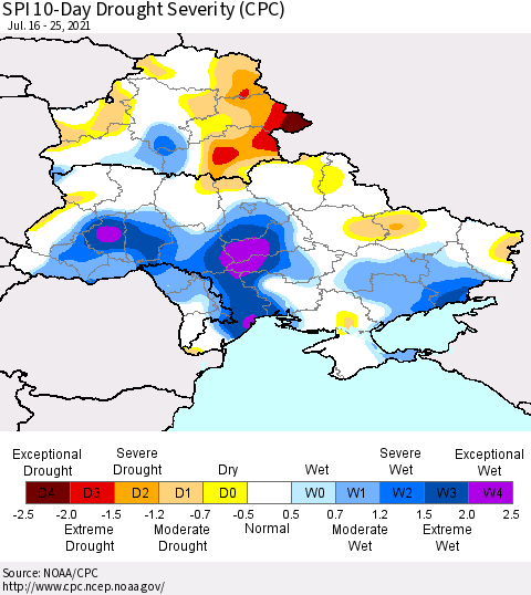 Ukraine, Moldova and Belarus SPI 10-Day Drought Severity (CPC) Thematic Map For 7/16/2021 - 7/25/2021