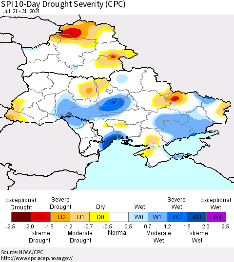 Ukraine, Moldova and Belarus SPI 10-Day Drought Severity (CPC) Thematic Map For 7/21/2021 - 7/31/2021