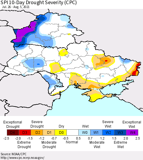 Ukraine, Moldova and Belarus SPI 10-Day Drought Severity (CPC) Thematic Map For 7/26/2021 - 8/5/2021