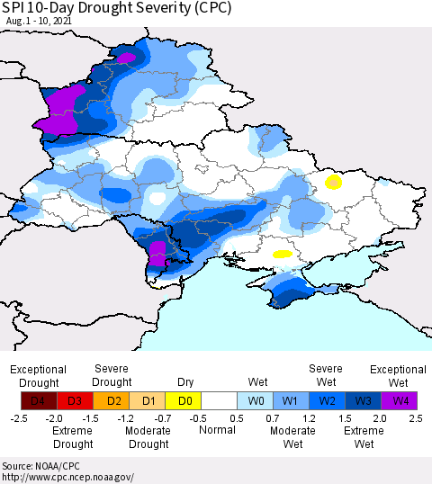 Ukraine, Moldova and Belarus SPI 10-Day Drought Severity (CPC) Thematic Map For 8/1/2021 - 8/10/2021