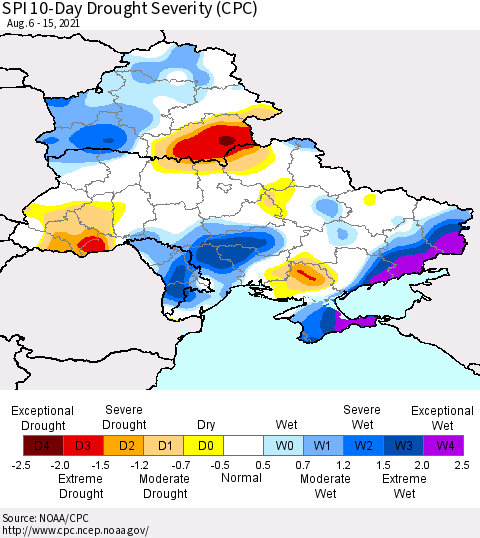 Ukraine, Moldova and Belarus SPI 10-Day Drought Severity (CPC) Thematic Map For 8/6/2021 - 8/15/2021