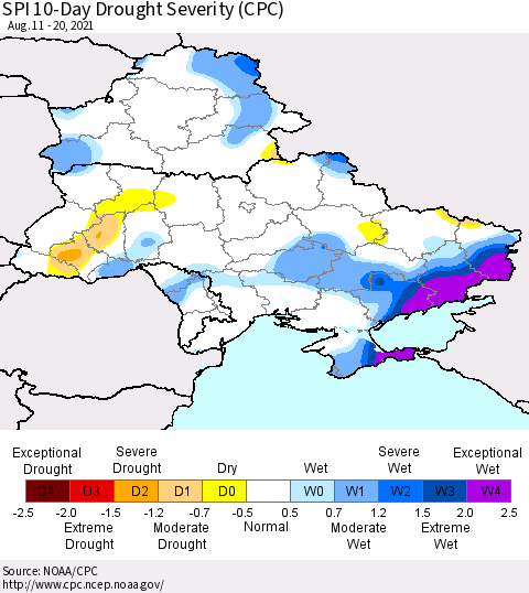 Ukraine, Moldova and Belarus SPI 10-Day Drought Severity (CPC) Thematic Map For 8/11/2021 - 8/20/2021