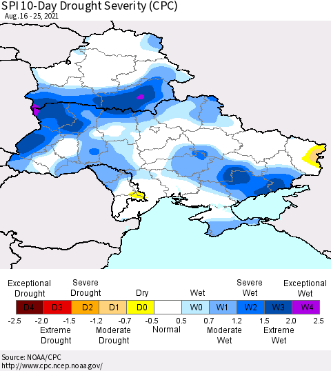 Ukraine, Moldova and Belarus SPI 10-Day Drought Severity (CPC) Thematic Map For 8/16/2021 - 8/25/2021