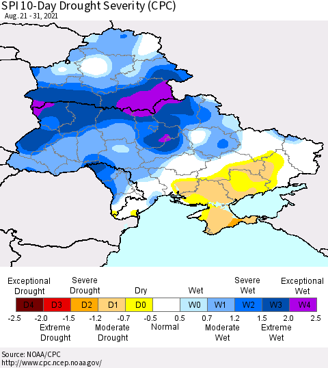 Ukraine, Moldova and Belarus SPI 10-Day Drought Severity (CPC) Thematic Map For 8/21/2021 - 8/31/2021