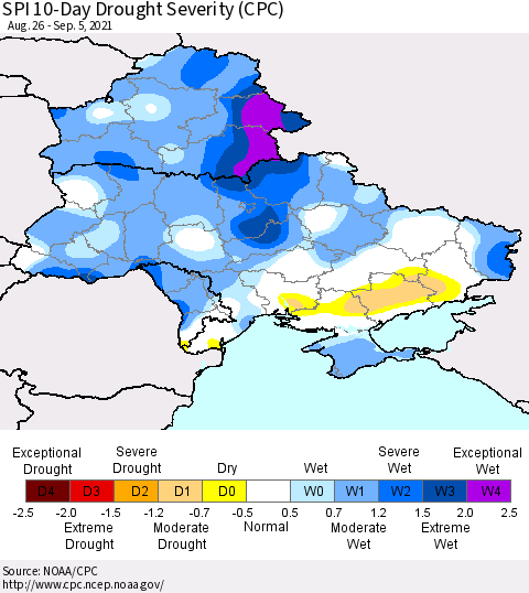 Ukraine, Moldova and Belarus SPI 10-Day Drought Severity (CPC) Thematic Map For 8/26/2021 - 9/5/2021