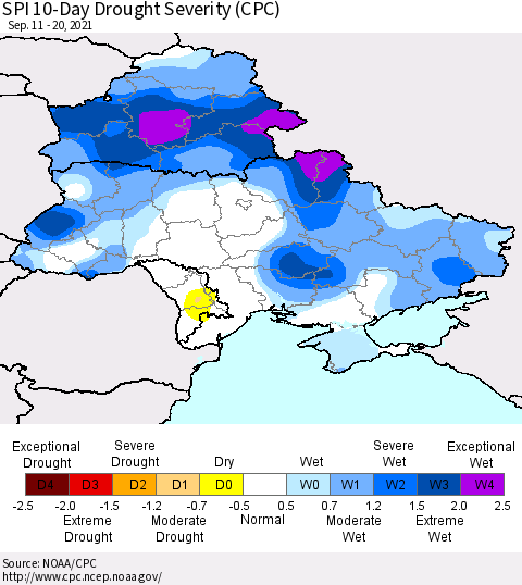 Ukraine, Moldova and Belarus SPI 10-Day Drought Severity (CPC) Thematic Map For 9/11/2021 - 9/20/2021