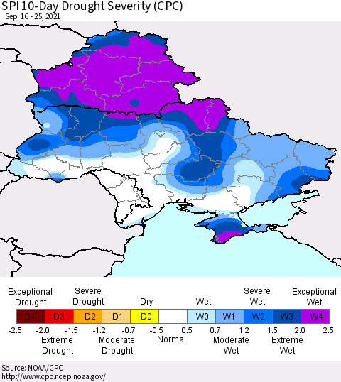 Ukraine, Moldova and Belarus SPI 10-Day Drought Severity (CPC) Thematic Map For 9/16/2021 - 9/25/2021