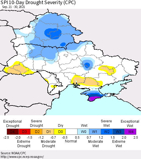 Ukraine, Moldova and Belarus SPI 10-Day Drought Severity (CPC) Thematic Map For 9/21/2021 - 9/30/2021
